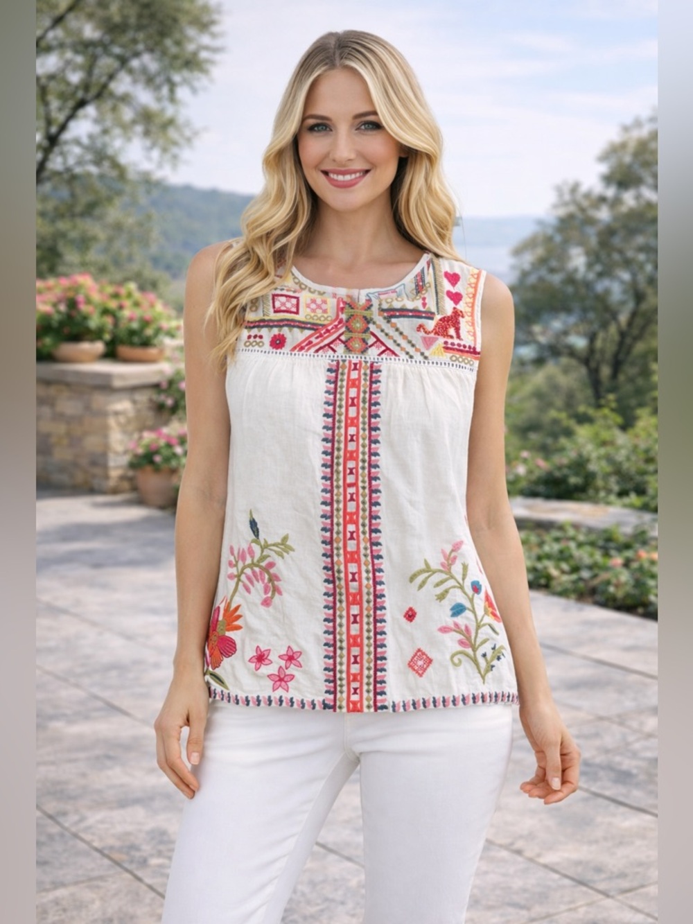 New - Johnny Was - Relaxed Yoke Tank Georgia White Embroidered Linen Top